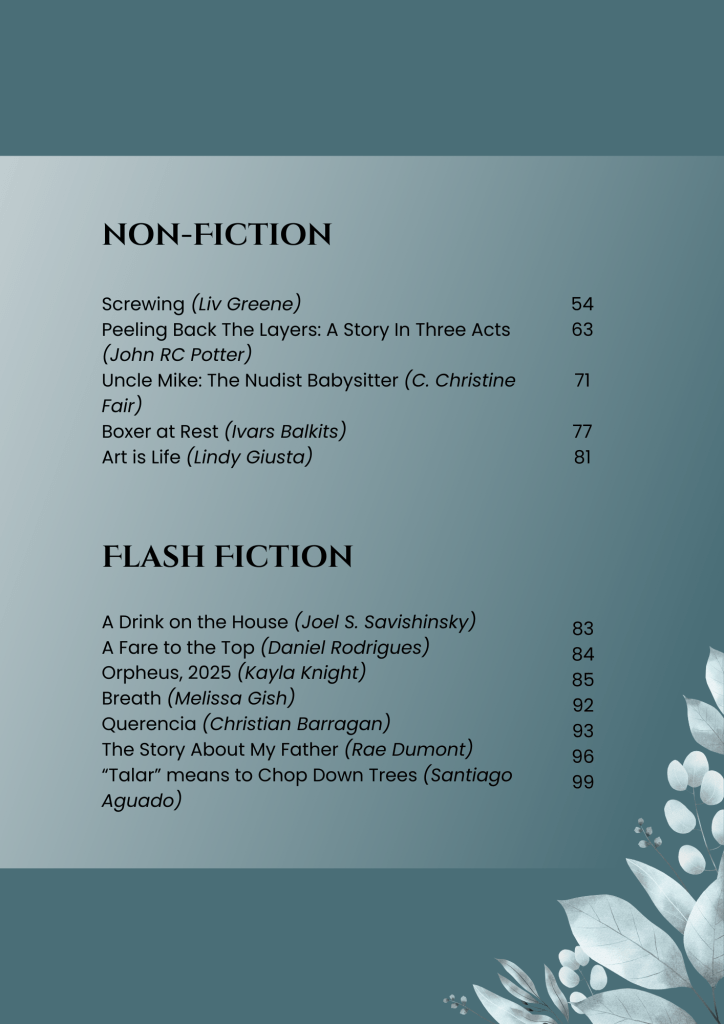 Table of Contents of The Hemlock Spring Issue 2025