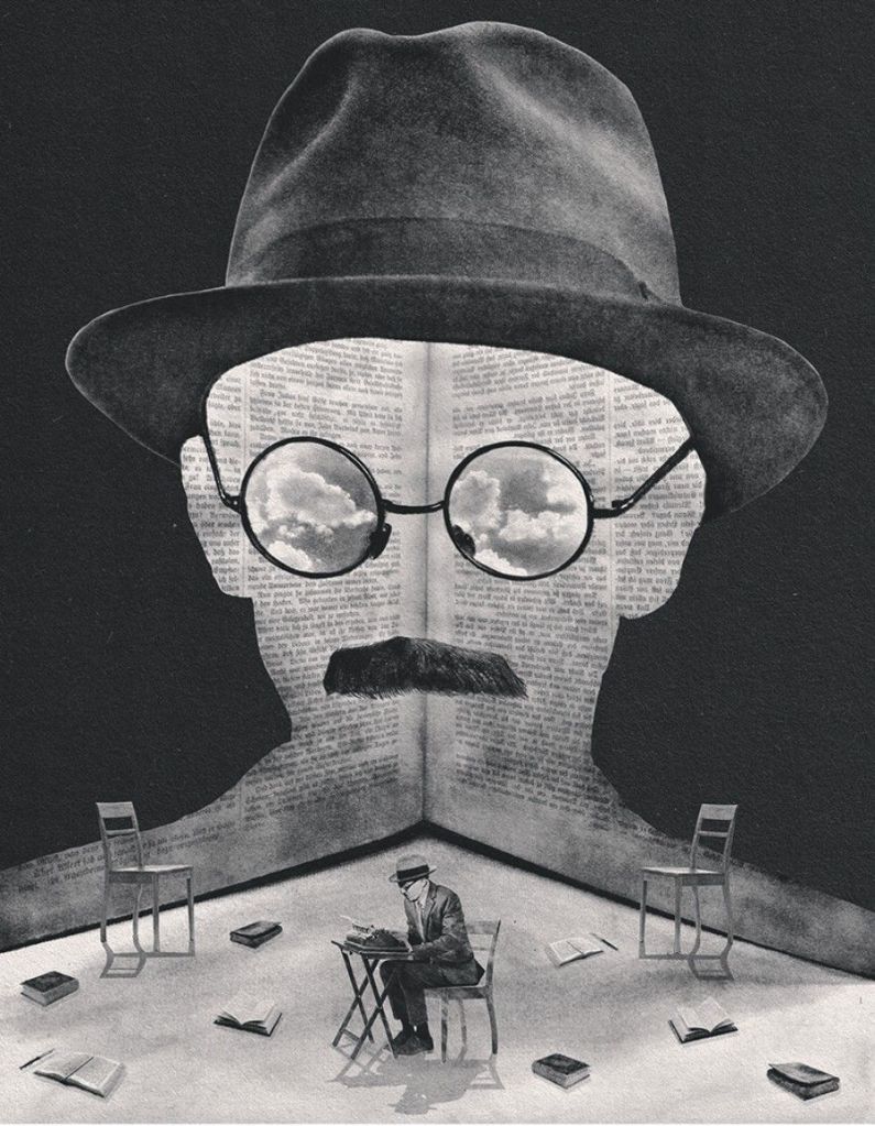 The inward retreat - a collage with man siiting on a chair with a type writer on the table. There is a large background image of a face of a man created with pages of book with a spectacle. Two chairs on both left and right sides with many books on the floor. 