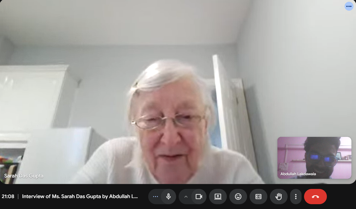 Screenshot of a Zoom meeting of Interview of Sarah Dash Gupt by Abdullah Lakdwala.